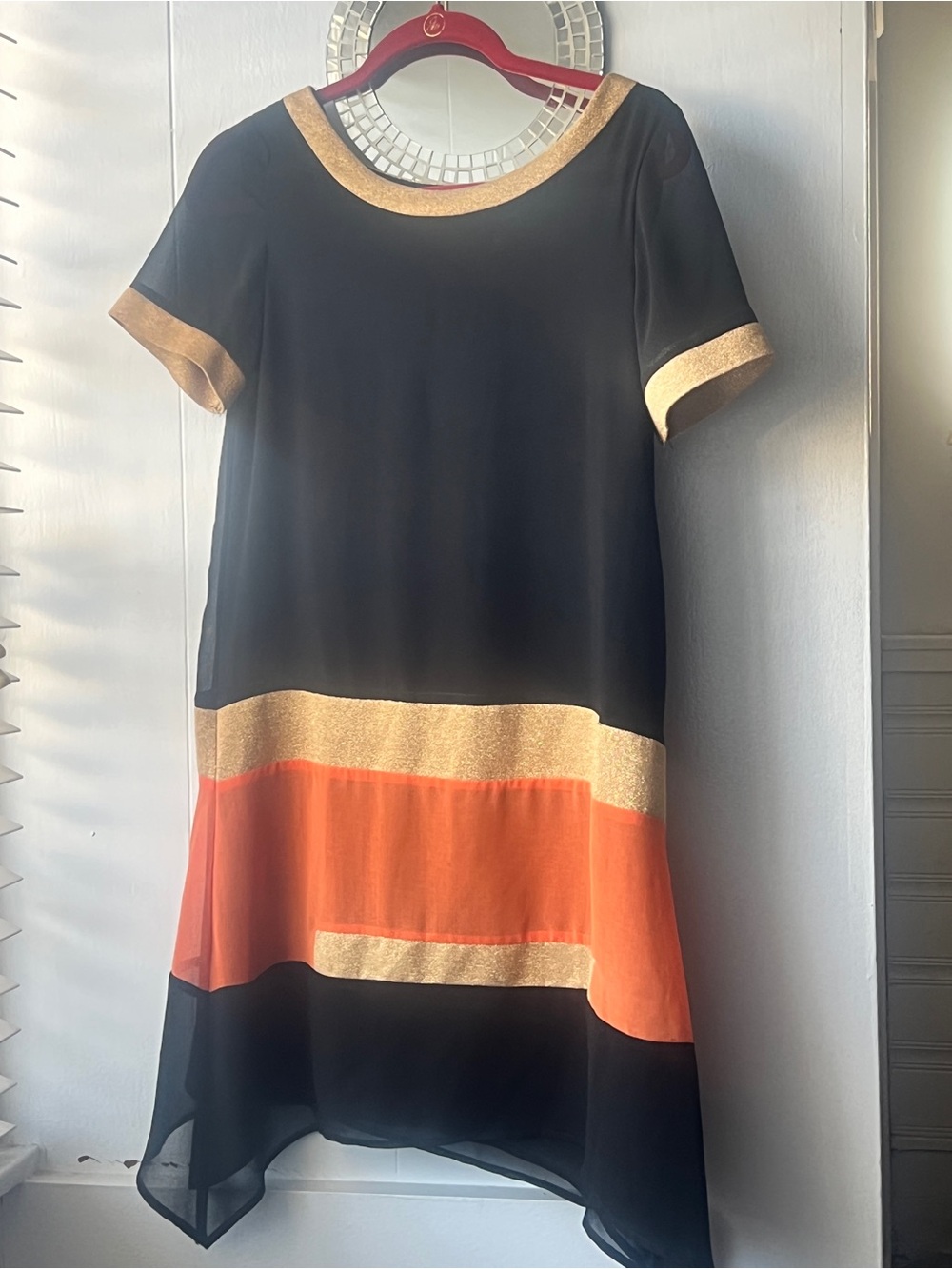 Dori Made In Italy Geometric 💯 Silk Dress Gold Trim Boho Alternative Vintage